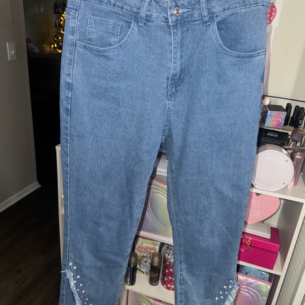 Women's Blue Jeans with Shiny Rhinestones